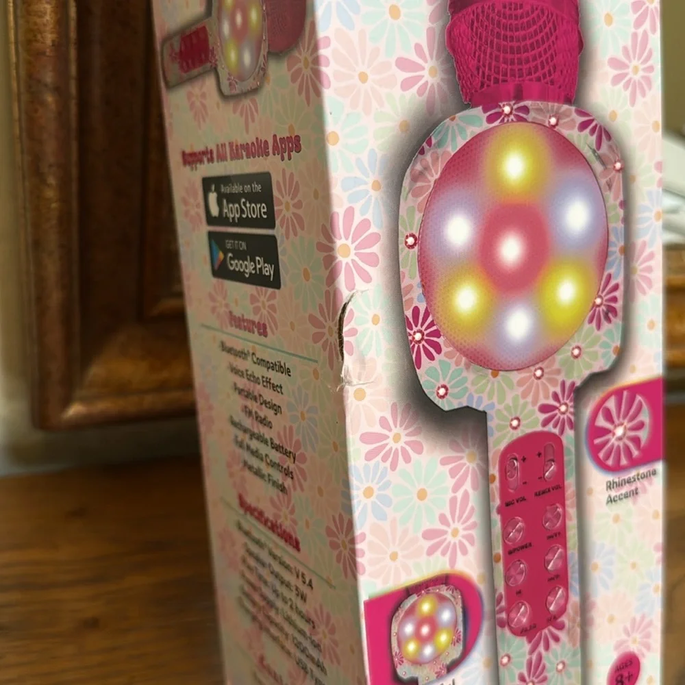Karaoke Wireless LED Bluetooth Microphone in pink floral. Enjoy hours of fun
